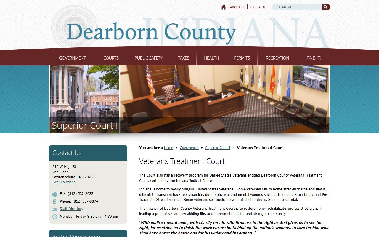 Dearborn County Circuit Court Superior Court trial records Veterans Treatment Court