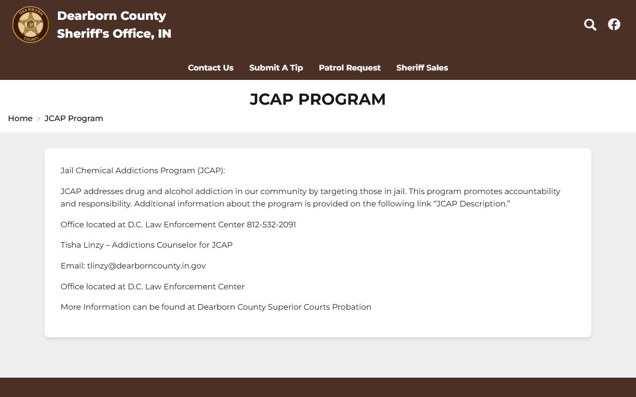 Dearborn County inmate records JCAP program source